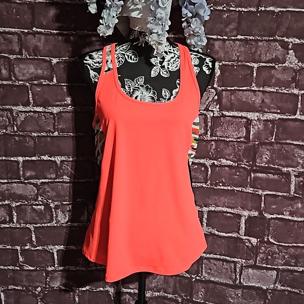 Fabletics Pink, Yellow, Black & White Racerback Athletic Tank with Mesh Size Lg